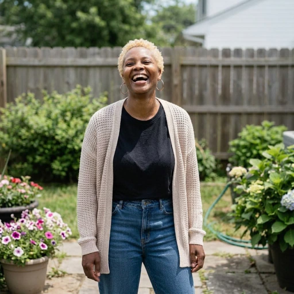 A woman laughing in her backyard garden