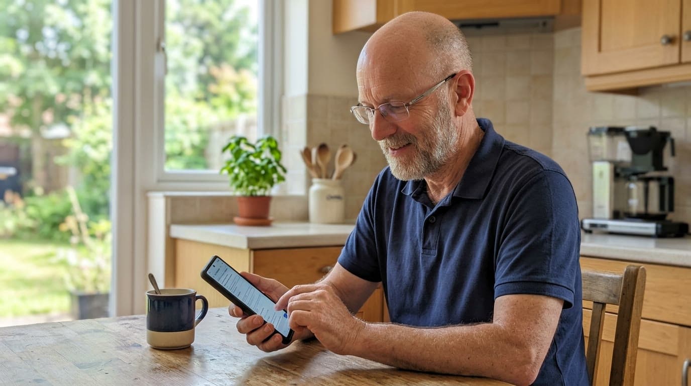 A man at his kitchen table completing the online assessment on his phone