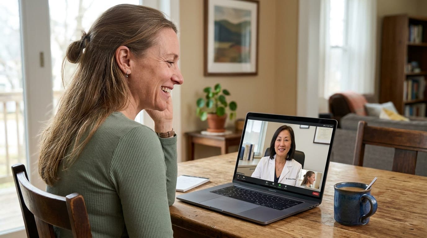 A woman at her dining table on a laptop telehealth visit, her provider visible on screen