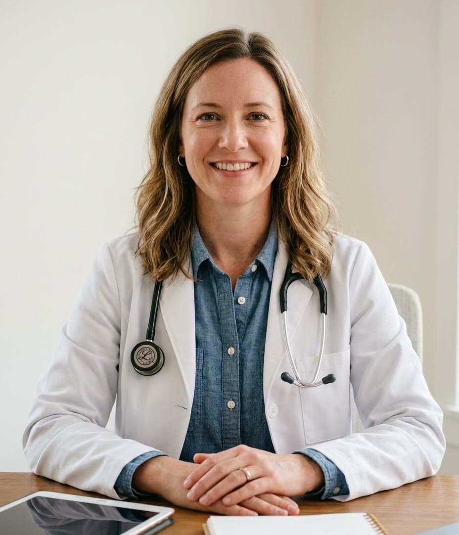 A physician at her desk during a telehealth visit