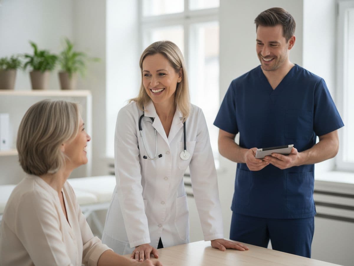 A smiling doctor and nurse talking with a patient in a bright clinic office
