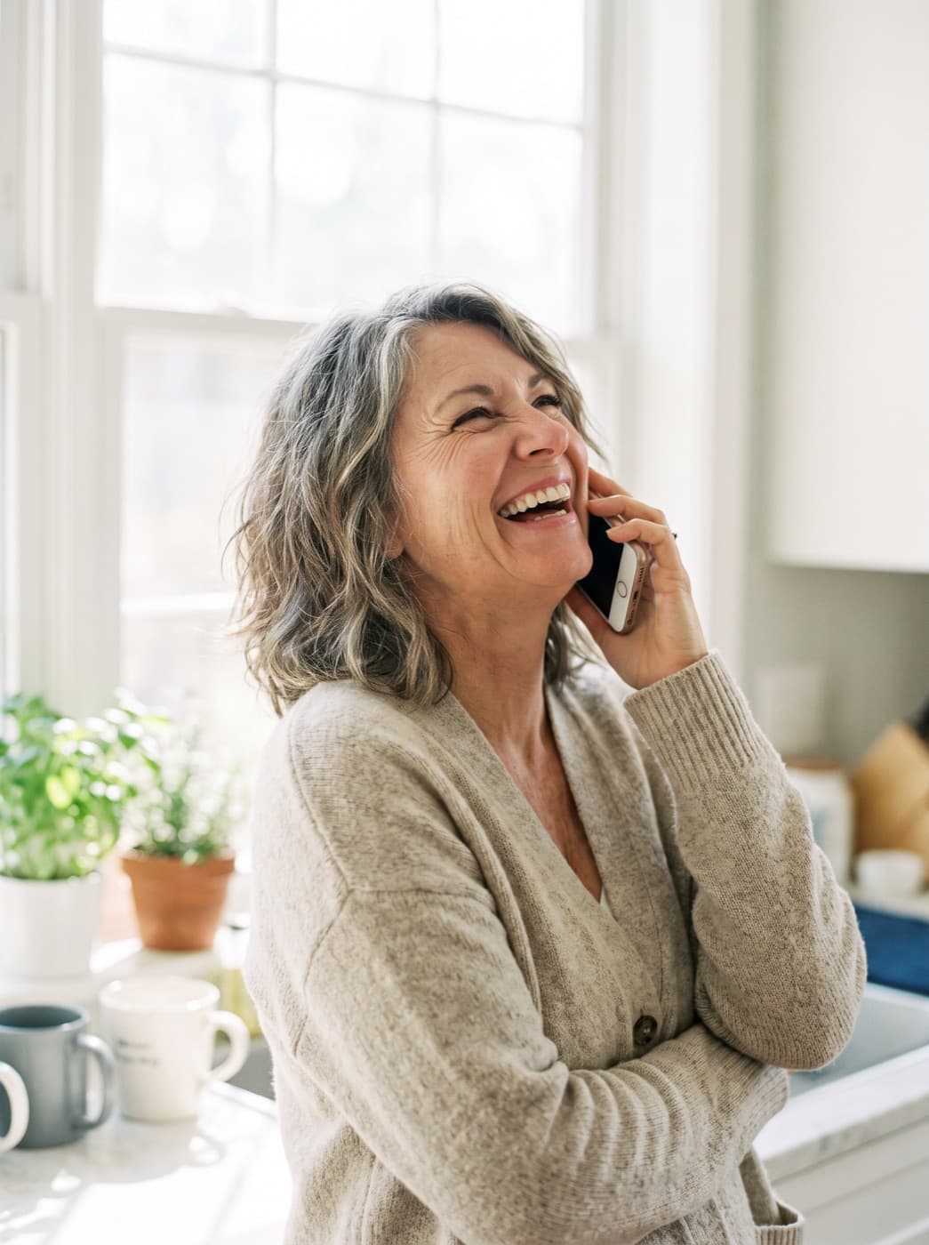 A smiling woman in her fifties on the phone in her kitchen