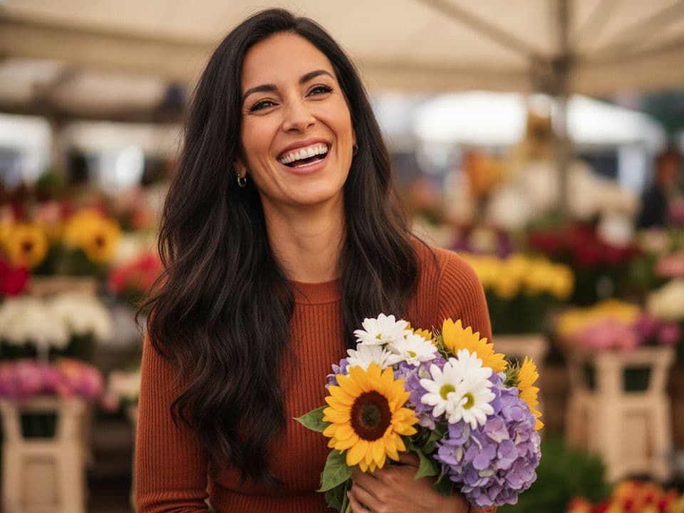 A woman laughing in a flower market, holding a bouquet