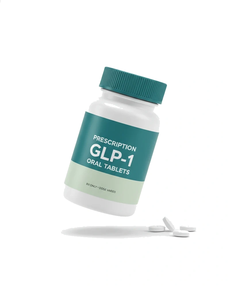 A rendered white pharmacy bottle of prescription GLP-1 oral tablets with a teal label, tilted and floating, with three tablets beside it